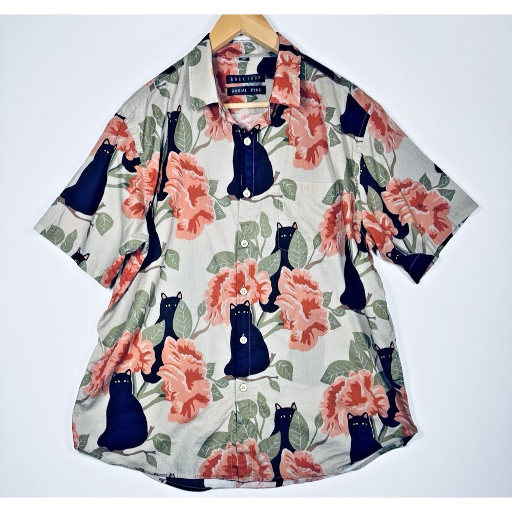 Rock Soup Floral Puss Shirt Mens Large Green Black Cat Floral Cotton Daniel Ryan